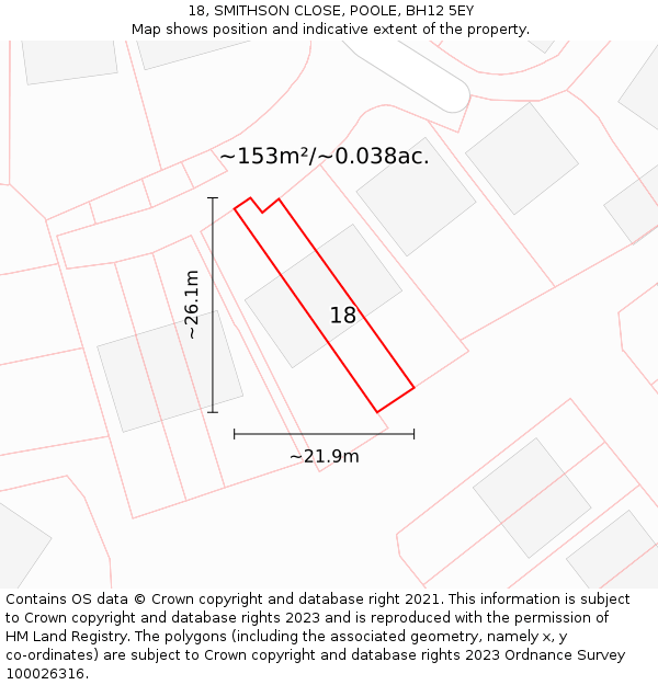 18, SMITHSON CLOSE, POOLE, BH12 5EY: Plot and title map
