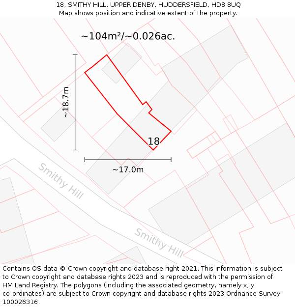 18, SMITHY HILL, UPPER DENBY, HUDDERSFIELD, HD8 8UQ: Plot and title map