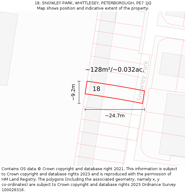 18, SNOWLEY PARK, WHITTLESEY, PETERBOROUGH, PE7 1JQ: Plot and title map