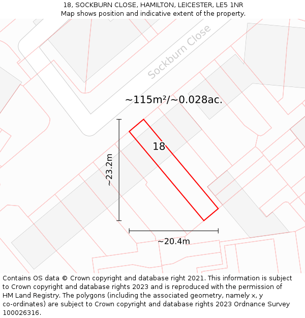 18, SOCKBURN CLOSE, HAMILTON, LEICESTER, LE5 1NR: Plot and title map