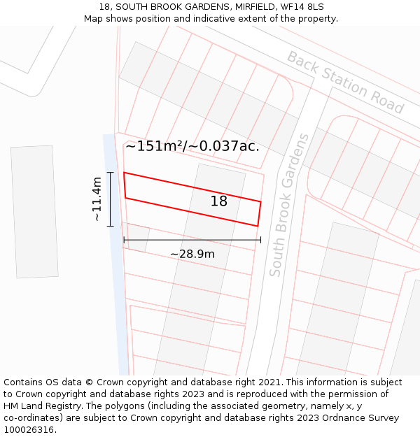 18, SOUTH BROOK GARDENS, MIRFIELD, WF14 8LS: Plot and title map
