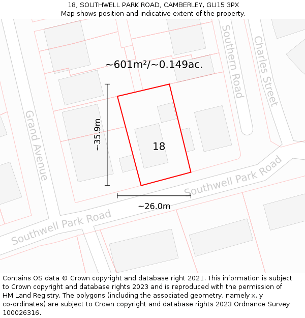 18, SOUTHWELL PARK ROAD, CAMBERLEY, GU15 3PX: Plot and title map