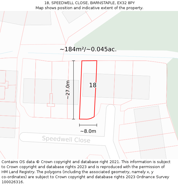 18, SPEEDWELL CLOSE, BARNSTAPLE, EX32 8PY: Plot and title map