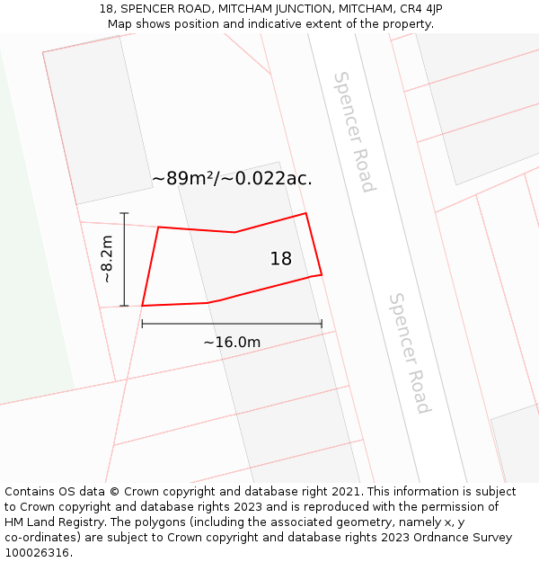18, SPENCER ROAD, MITCHAM JUNCTION, MITCHAM, CR4 4JP: Plot and title map