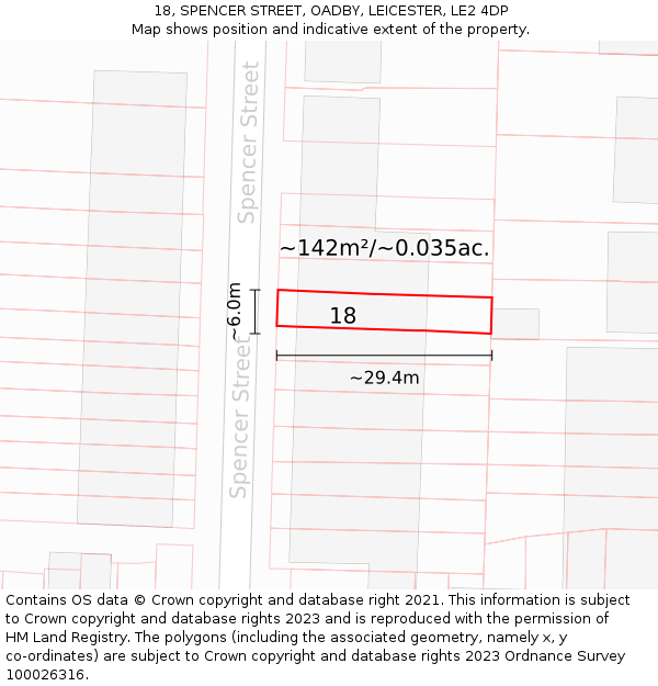 18, SPENCER STREET, OADBY, LEICESTER, LE2 4DP: Plot and title map