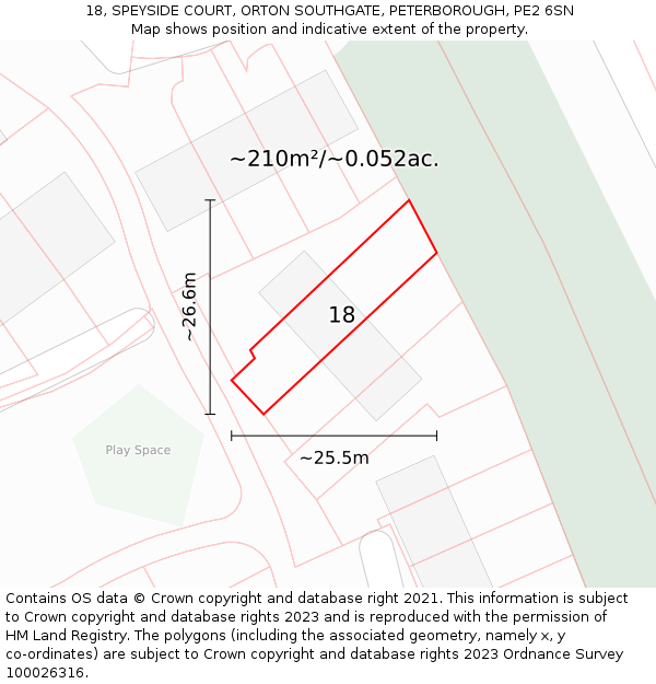 18, SPEYSIDE COURT, ORTON SOUTHGATE, PETERBOROUGH, PE2 6SN: Plot and title map
