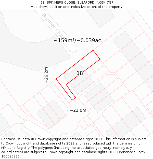 18, SPINNERS CLOSE, SLEAFORD, NG34 7GF: Plot and title map