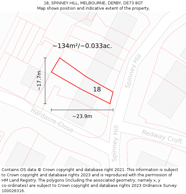 18, SPINNEY HILL, MELBOURNE, DERBY, DE73 8GT: Plot and title map