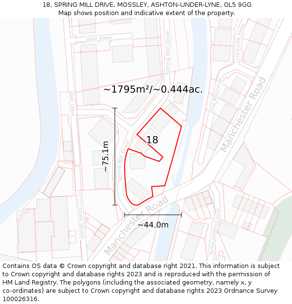 18, SPRING MILL DRIVE, MOSSLEY, ASHTON-UNDER-LYNE, OL5 9GG: Plot and title map