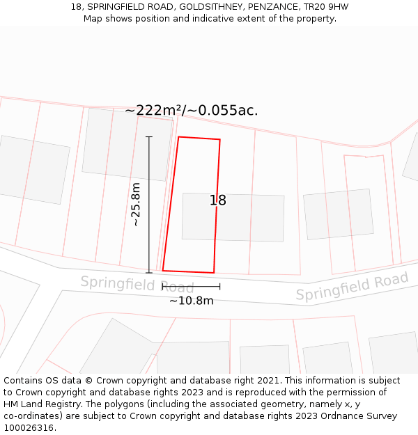18, SPRINGFIELD ROAD, GOLDSITHNEY, PENZANCE, TR20 9HW: Plot and title map