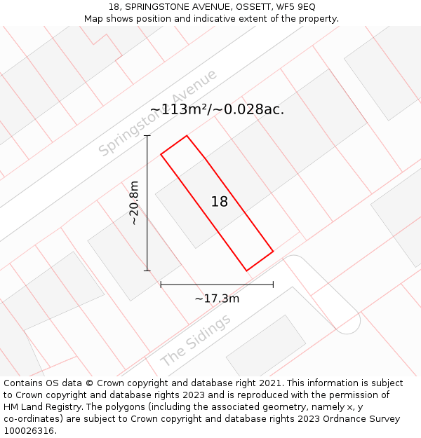 18, SPRINGSTONE AVENUE, OSSETT, WF5 9EQ: Plot and title map