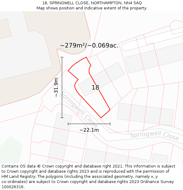 18, SPRINGWELL CLOSE, NORTHAMPTON, NN4 5AQ: Plot and title map