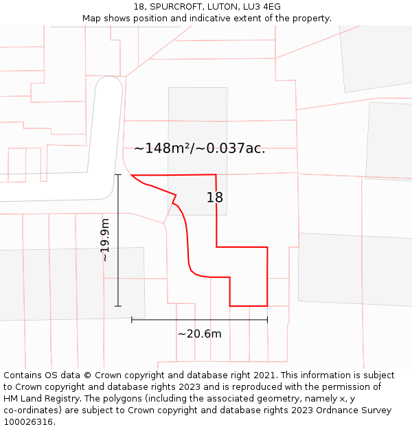 18, SPURCROFT, LUTON, LU3 4EG: Plot and title map