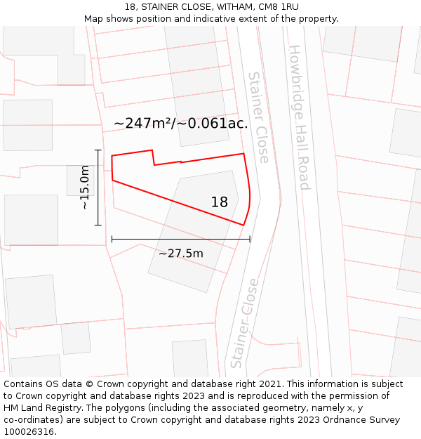 18, STAINER CLOSE, WITHAM, CM8 1RU: Plot and title map