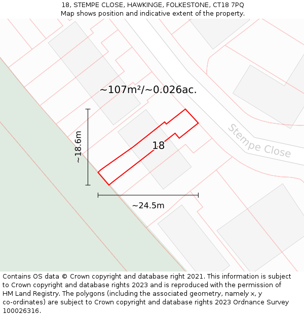 18, STEMPE CLOSE, HAWKINGE, FOLKESTONE, CT18 7PQ: Plot and title map