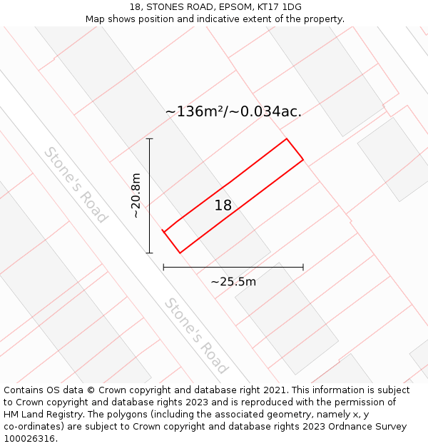 18, STONES ROAD, EPSOM, KT17 1DG: Plot and title map