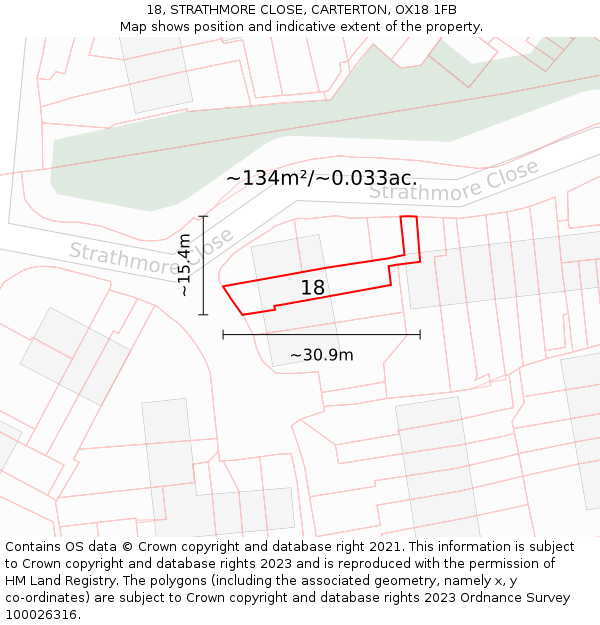 18, STRATHMORE CLOSE, CARTERTON, OX18 1FB: Plot and title map