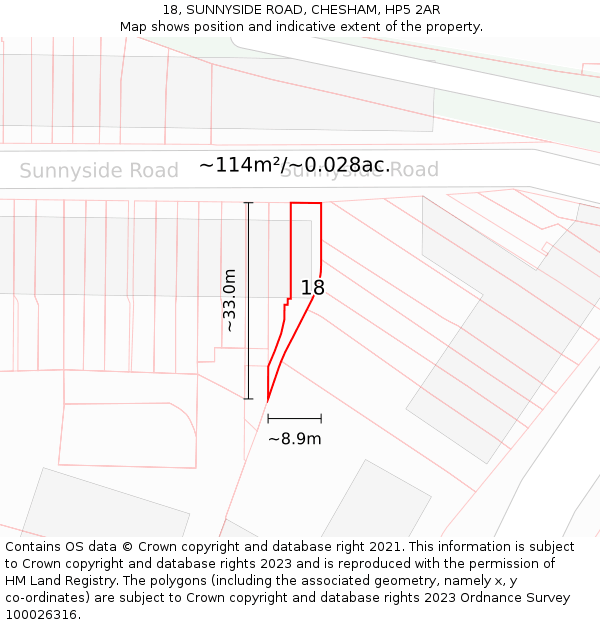 18, SUNNYSIDE ROAD, CHESHAM, HP5 2AR: Plot and title map