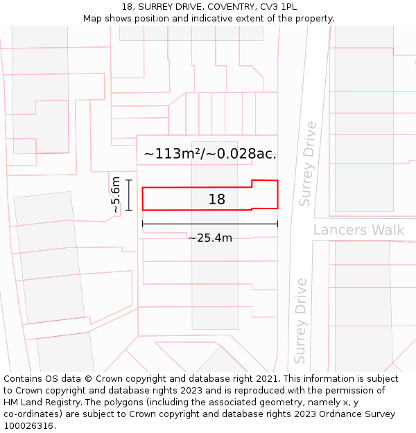 18, SURREY DRIVE, COVENTRY, CV3 1PL: Plot and title map