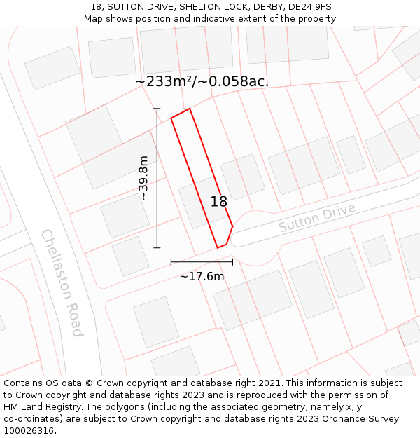 18, SUTTON DRIVE, SHELTON LOCK, DERBY, DE24 9FS: Plot and title map
