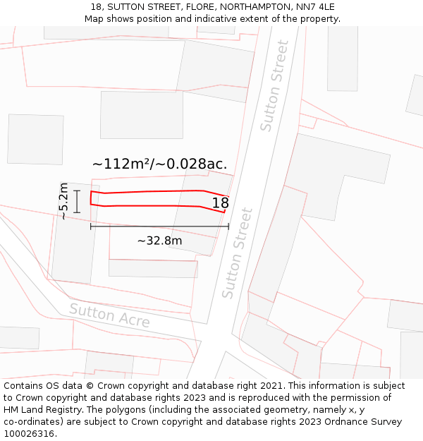 18, SUTTON STREET, FLORE, NORTHAMPTON, NN7 4LE: Plot and title map