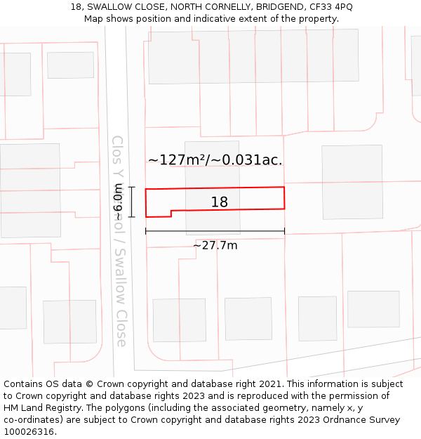 18, SWALLOW CLOSE, NORTH CORNELLY, BRIDGEND, CF33 4PQ: Plot and title map