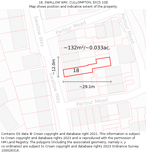 18, SWALLOW WAY, CULLOMPTON, EX15 1GE: Plot and title map