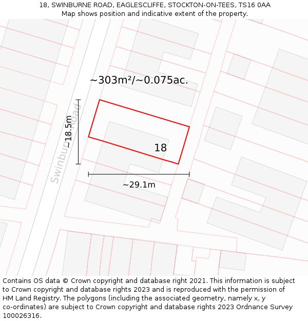 18, SWINBURNE ROAD, EAGLESCLIFFE, STOCKTON-ON-TEES, TS16 0AA: Plot and title map