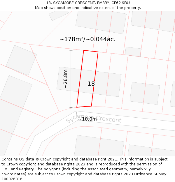 18, SYCAMORE CRESCENT, BARRY, CF62 9BU: Plot and title map