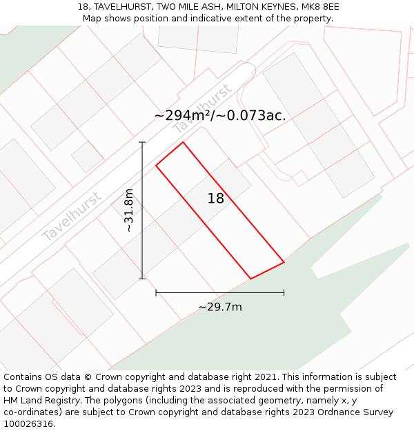 18, TAVELHURST, TWO MILE ASH, MILTON KEYNES, MK8 8EE: Plot and title map