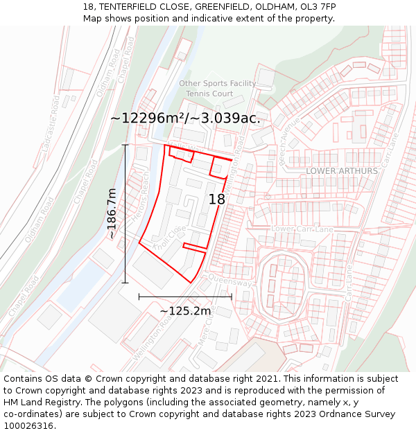 18, TENTERFIELD CLOSE, GREENFIELD, OLDHAM, OL3 7FP: Plot and title map