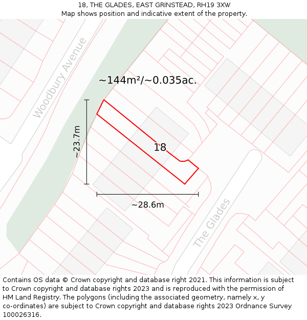 18, THE GLADES, EAST GRINSTEAD, RH19 3XW: Plot and title map