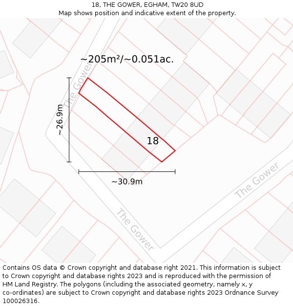 18, THE GOWER, EGHAM, TW20 8UD: Plot and title map