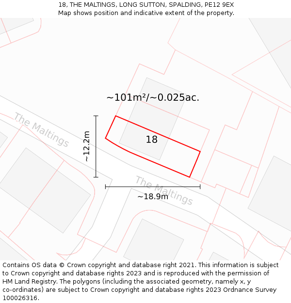18, THE MALTINGS, LONG SUTTON, SPALDING, PE12 9EX: Plot and title map