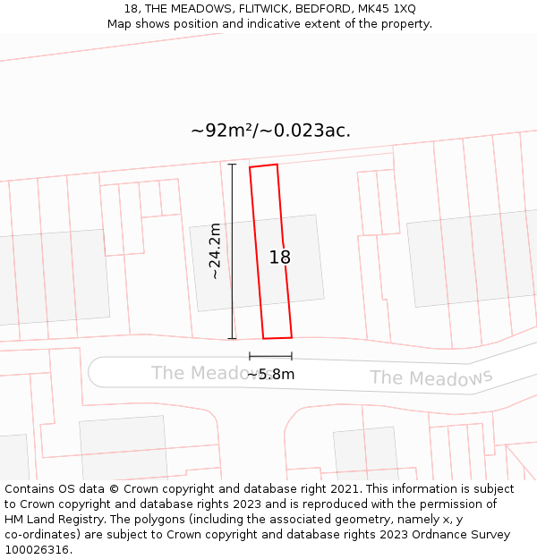18, THE MEADOWS, FLITWICK, BEDFORD, MK45 1XQ: Plot and title map