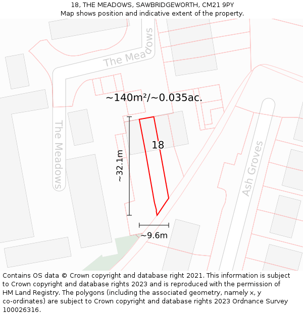 18, THE MEADOWS, SAWBRIDGEWORTH, CM21 9PY: Plot and title map