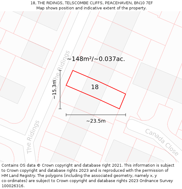 18, THE RIDINGS, TELSCOMBE CLIFFS, PEACEHAVEN, BN10 7EF: Plot and title map