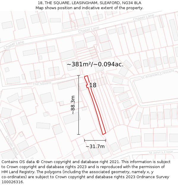 18, THE SQUARE, LEASINGHAM, SLEAFORD, NG34 8LA: Plot and title map