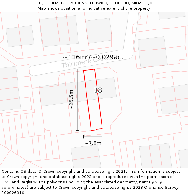 18, THIRLMERE GARDENS, FLITWICK, BEDFORD, MK45 1QX: Plot and title map