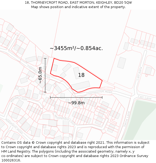 18, THORNEYCROFT ROAD, EAST MORTON, KEIGHLEY, BD20 5QW: Plot and title map