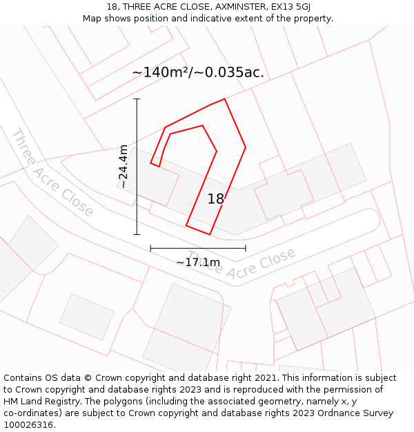 18, THREE ACRE CLOSE, AXMINSTER, EX13 5GJ: Plot and title map