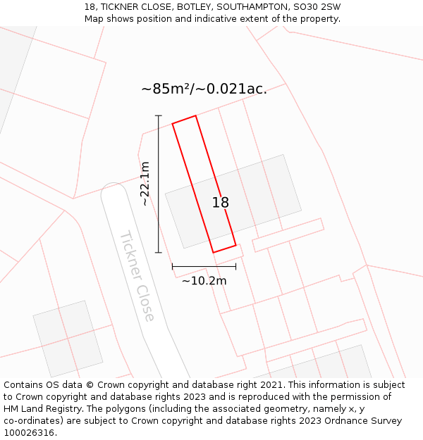 18, TICKNER CLOSE, BOTLEY, SOUTHAMPTON, SO30 2SW: Plot and title map