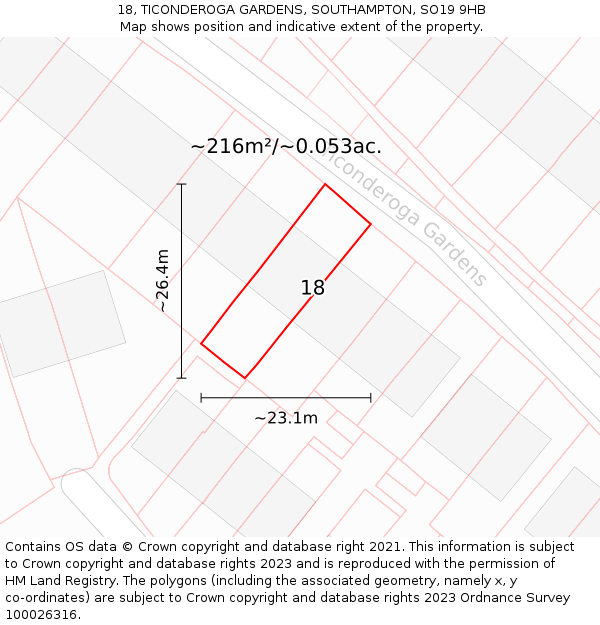 18, TICONDEROGA GARDENS, SOUTHAMPTON, SO19 9HB: Plot and title map