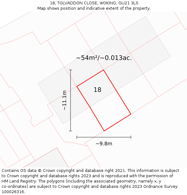 18, TOLVADDON CLOSE, WOKING, GU21 3LS: Plot and title map