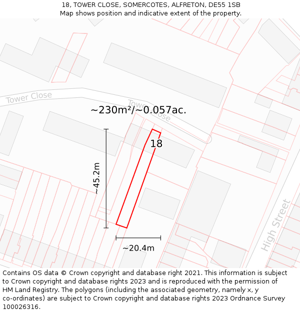 18, TOWER CLOSE, SOMERCOTES, ALFRETON, DE55 1SB: Plot and title map
