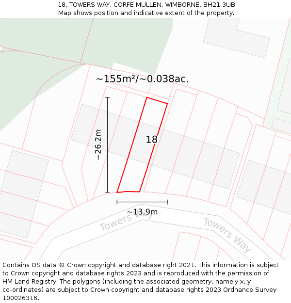 18, TOWERS WAY, CORFE MULLEN, WIMBORNE, BH21 3UB: Plot and title map