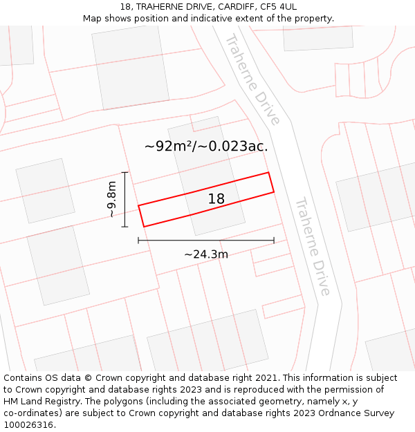 18, TRAHERNE DRIVE, CARDIFF, CF5 4UL: Plot and title map