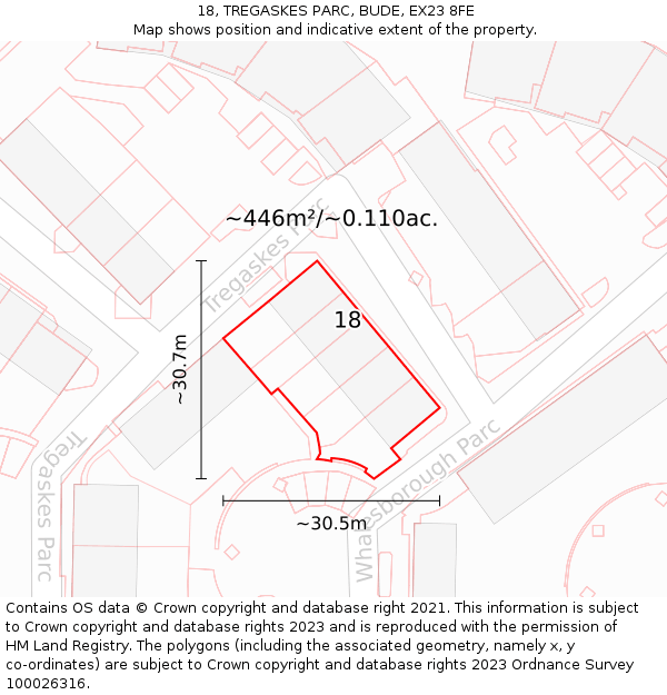 18, TREGASKES PARC, BUDE, EX23 8FE: Plot and title map