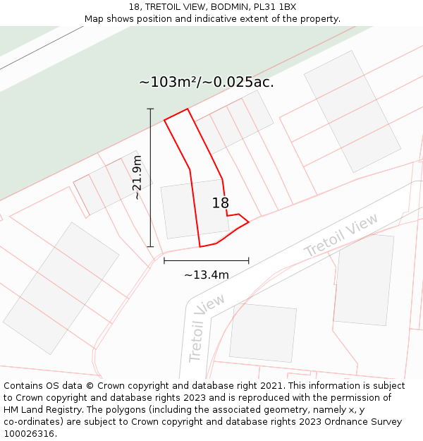 18, TRETOIL VIEW, BODMIN, PL31 1BX: Plot and title map