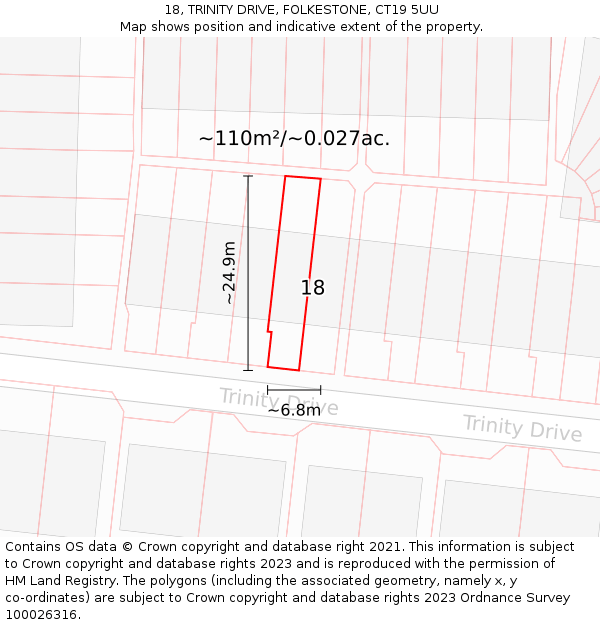 18, TRINITY DRIVE, FOLKESTONE, CT19 5UU: Plot and title map